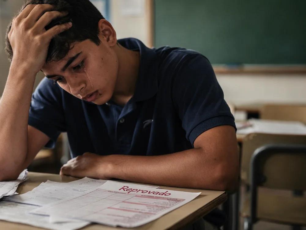 Estudante desanimado diante de uma prova reprovada