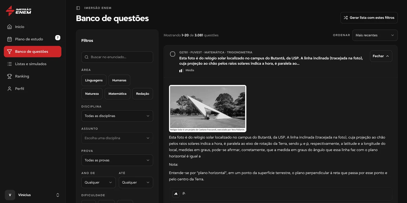 Banco de questões da Imersão ENEM, com filtros por área e disciplina