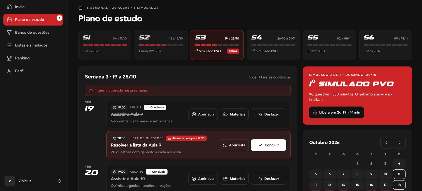 Plano de estudo da Imersão ENEM, com as 6 semanas e os simulados